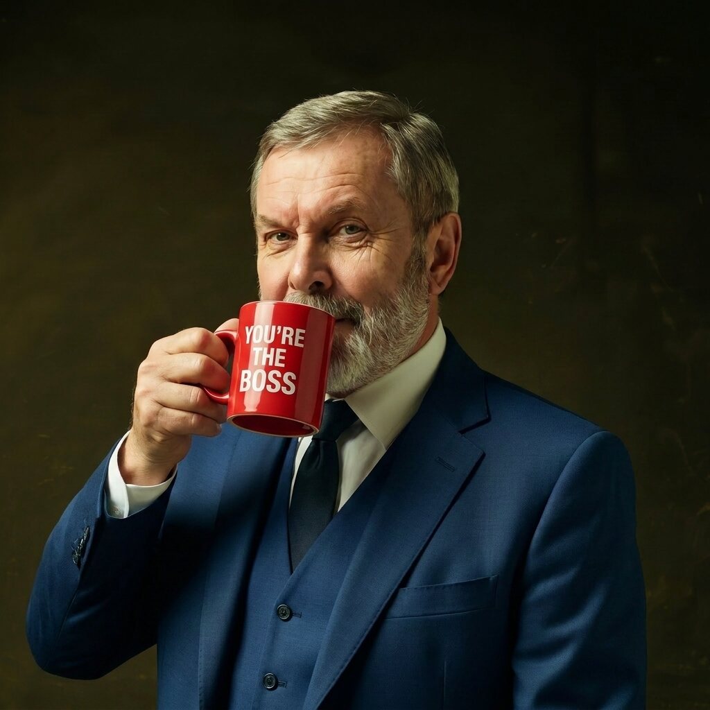 Gordon, in a blue suit, sipping from a red mug that reads &ldquo;You&rsquo;re the boss.&rdquo;