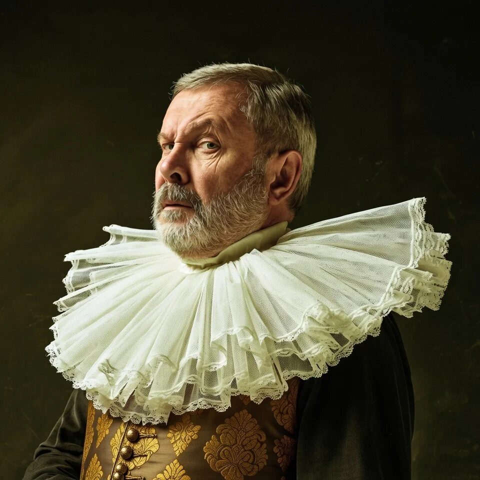 Gordon, in a ruffled collar and gold brocade.