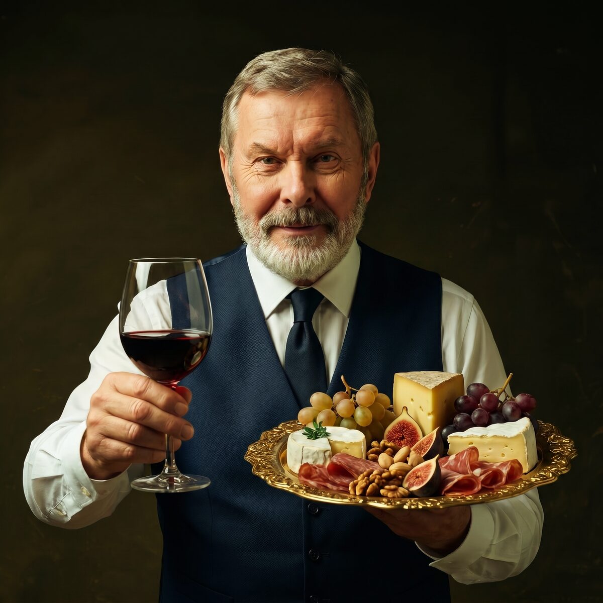 Gordon, in a navy waistcoat, raising a glass of red wine beside a golden platter of cheese, figs and grapes.