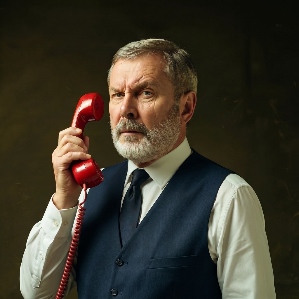 Gordon, in a navy waistcoat, listening intently on a red telephone.
