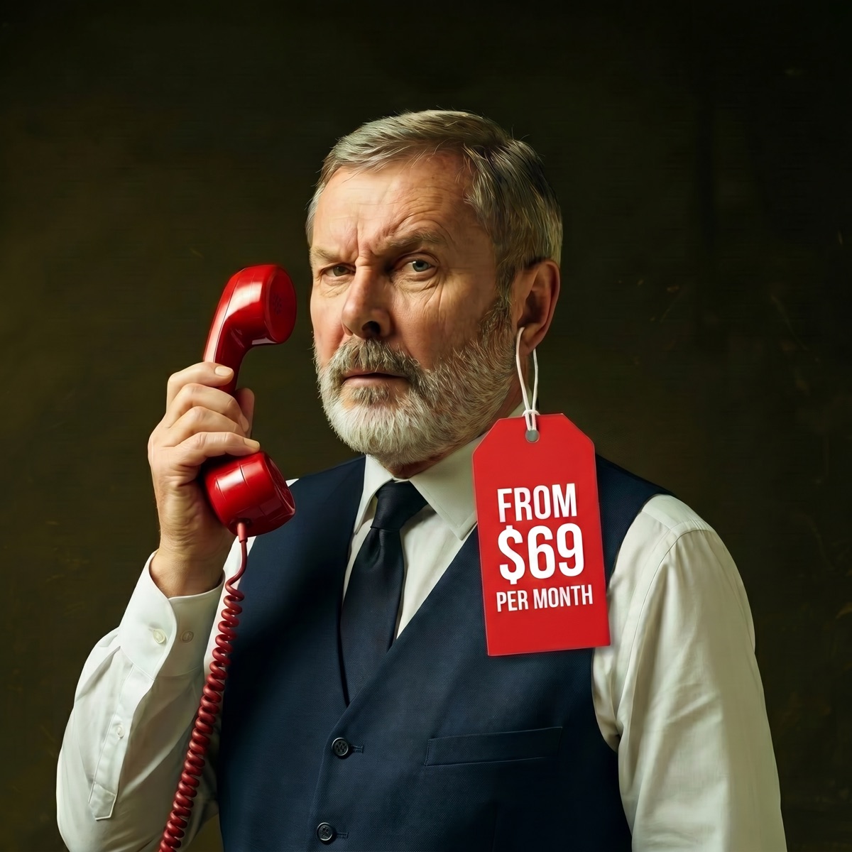 Gordon, in a navy waistcoat, holding a red telephone to his ear beside a red price tag reading &ldquo;From $69 per month.&rdquo;