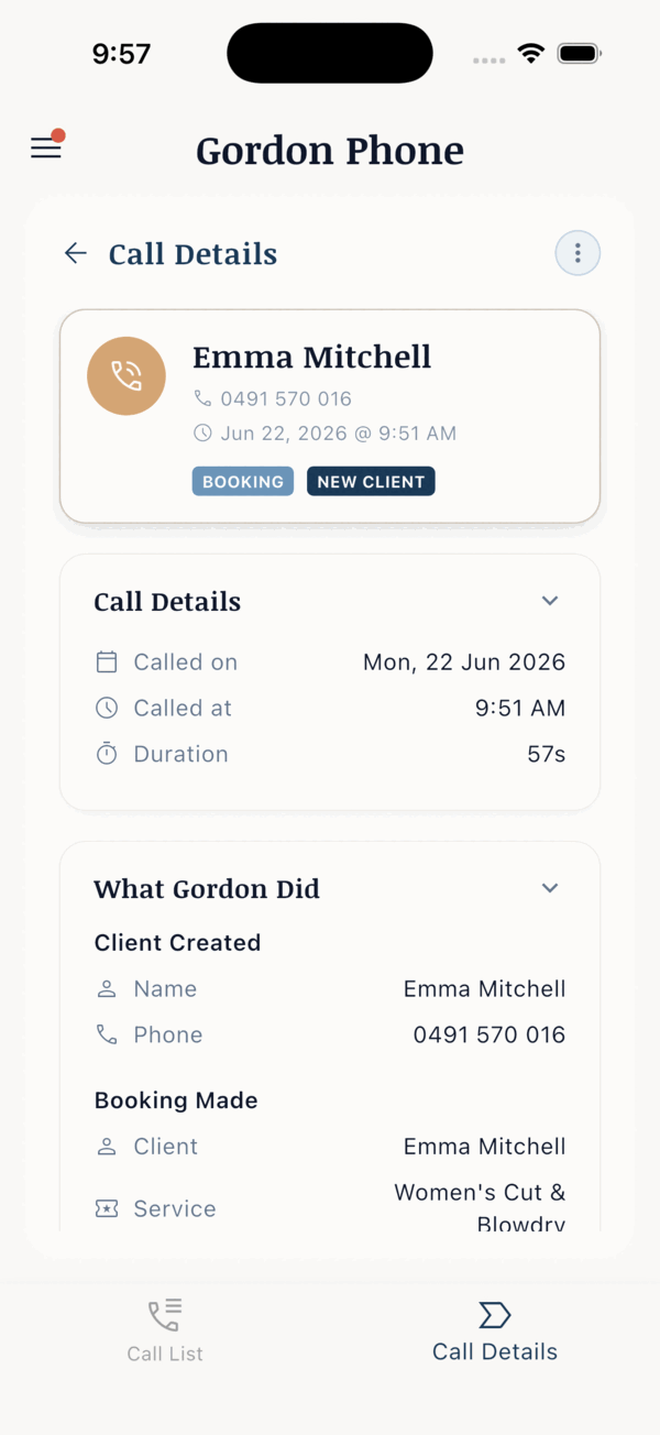 Call detail showing what Gordon did — a booking made, spelled out in full.