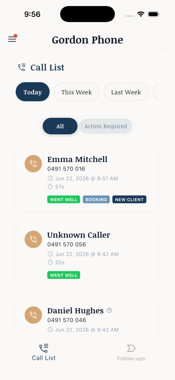 Gordon's call list — every call he answered, tagged at a glance.